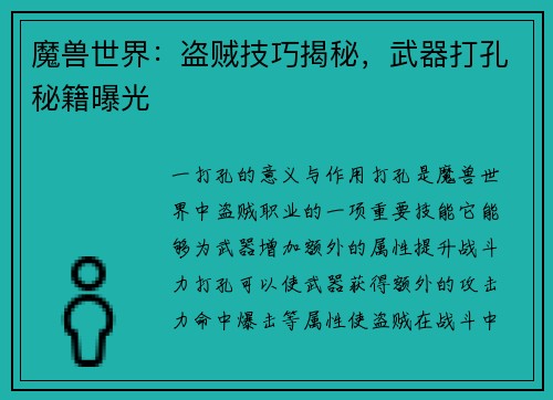 魔兽世界：盗贼技巧揭秘，武器打孔秘籍曝光